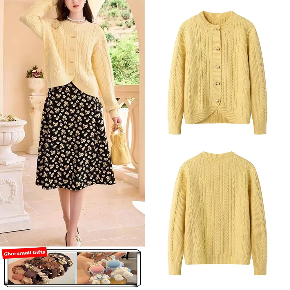 

Новинка Женская одежда для осени и зимы в Корейском стиле изящный вязаный кардиган с пуговицами в виде рога вязаный свитер желтого цвета