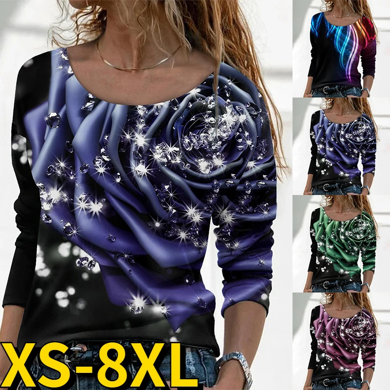 2022 New Women's Retro Flower Printing Tops Trend Long-sleeved Fashionable Casual T-shirt Autumn-winter Round Neck Pullover