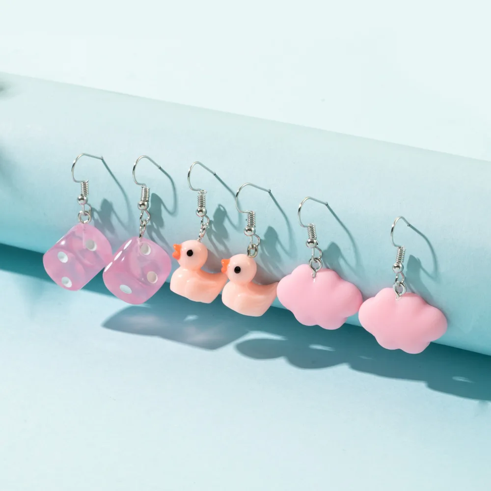 

3Pairs/set 2022 Funny Small Cartoon Duck Cloud Dice Resin Earrings for Women Girls Fashion Jewelry Party Ear Accessories