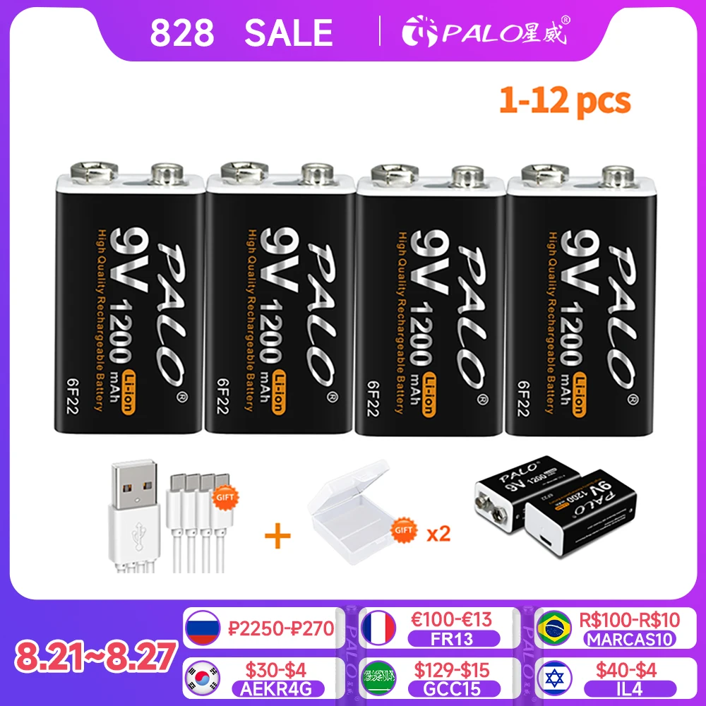 PALO 1200mAh Micro USB 9V Battery Rechargeable 9 Volt Li-ion 6F22 Lithium Battery for RC Helicopter Model Microphone Toy
