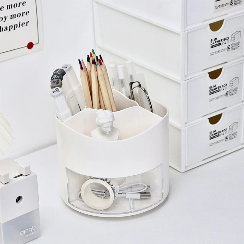 

Pencil Holder for Office School Rotating Desk Organizer 360° Spinning Pen Holder with Drawer Makeup Brush Storage Box