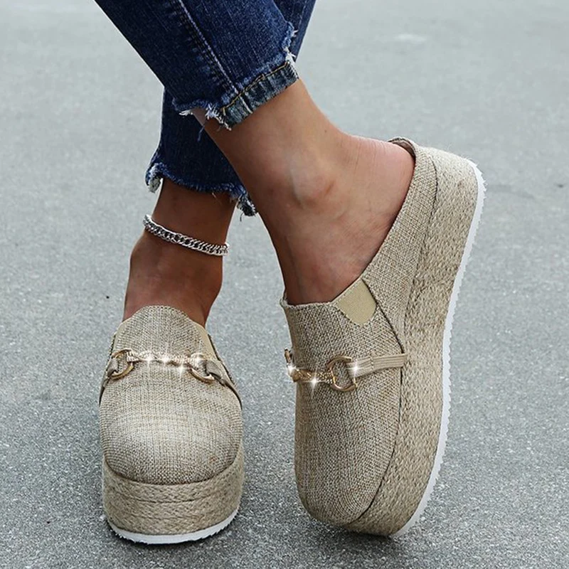 

Braided Edge Half Slippers Women 2022 New Metal Chain Platform Shoes Fashion Casual Shoes Walking Women's Vulcanized Shoes туфли