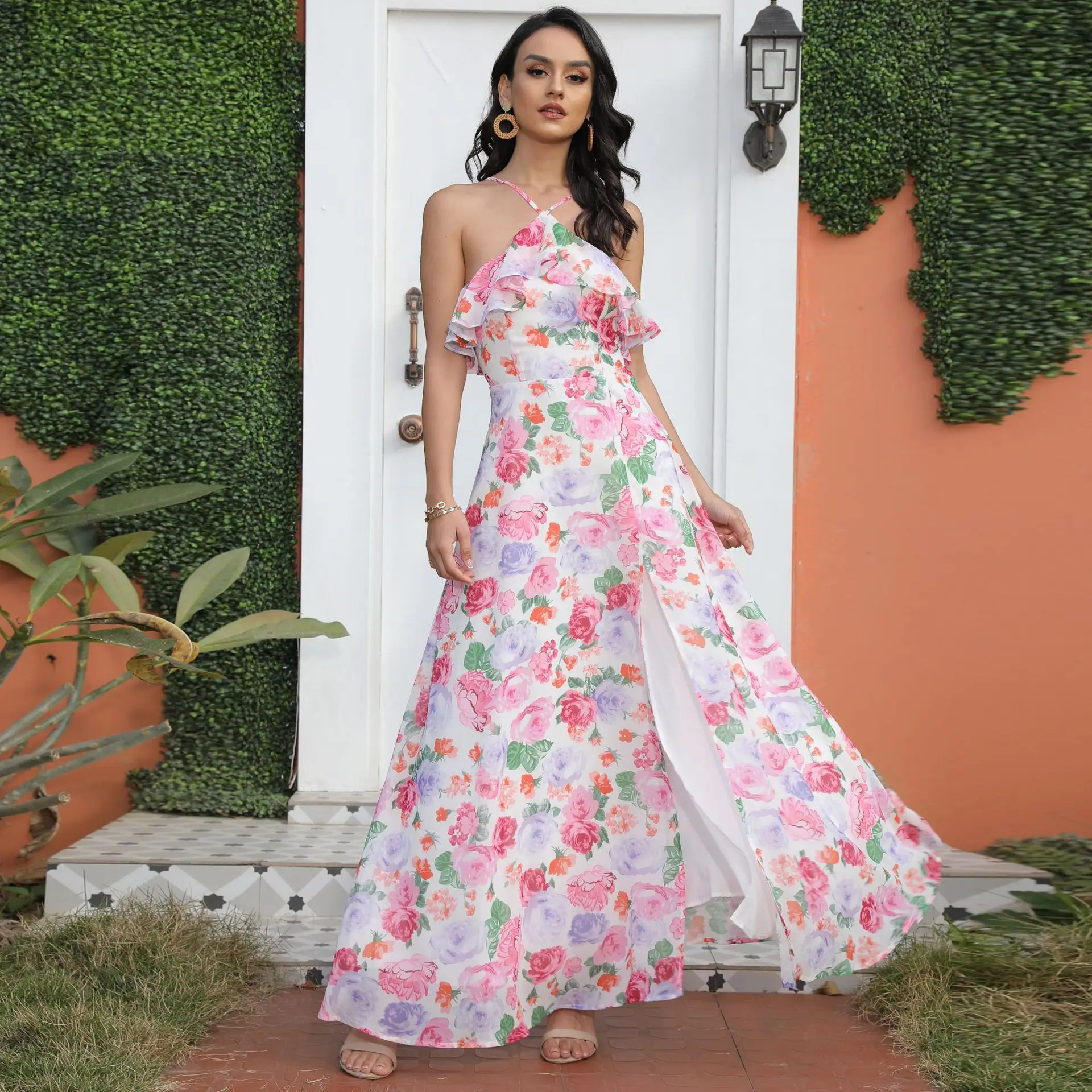 

Seaside Beach Bohemia Style Dresses Floral Print Vacation Sleeveless Off The Shoulder Cross Halter Sexy Party Ruffles Backless