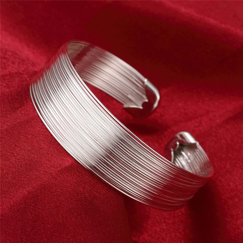 

Hot Pretty elegant 925 Sterling Silver cuff Bracelets for Women lines bangles Fashion Wedding Party Jewelry Christmas Gifts