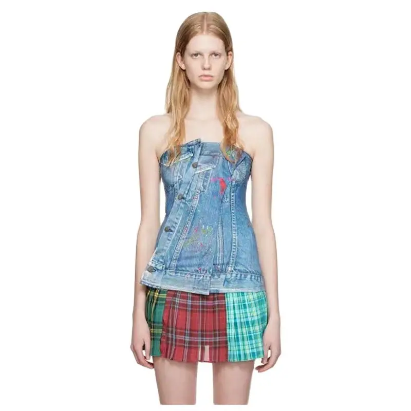 

Faux denim print bustier undershirt 2023 summer new y2k fashionable and versatile hot girl short section ladies top