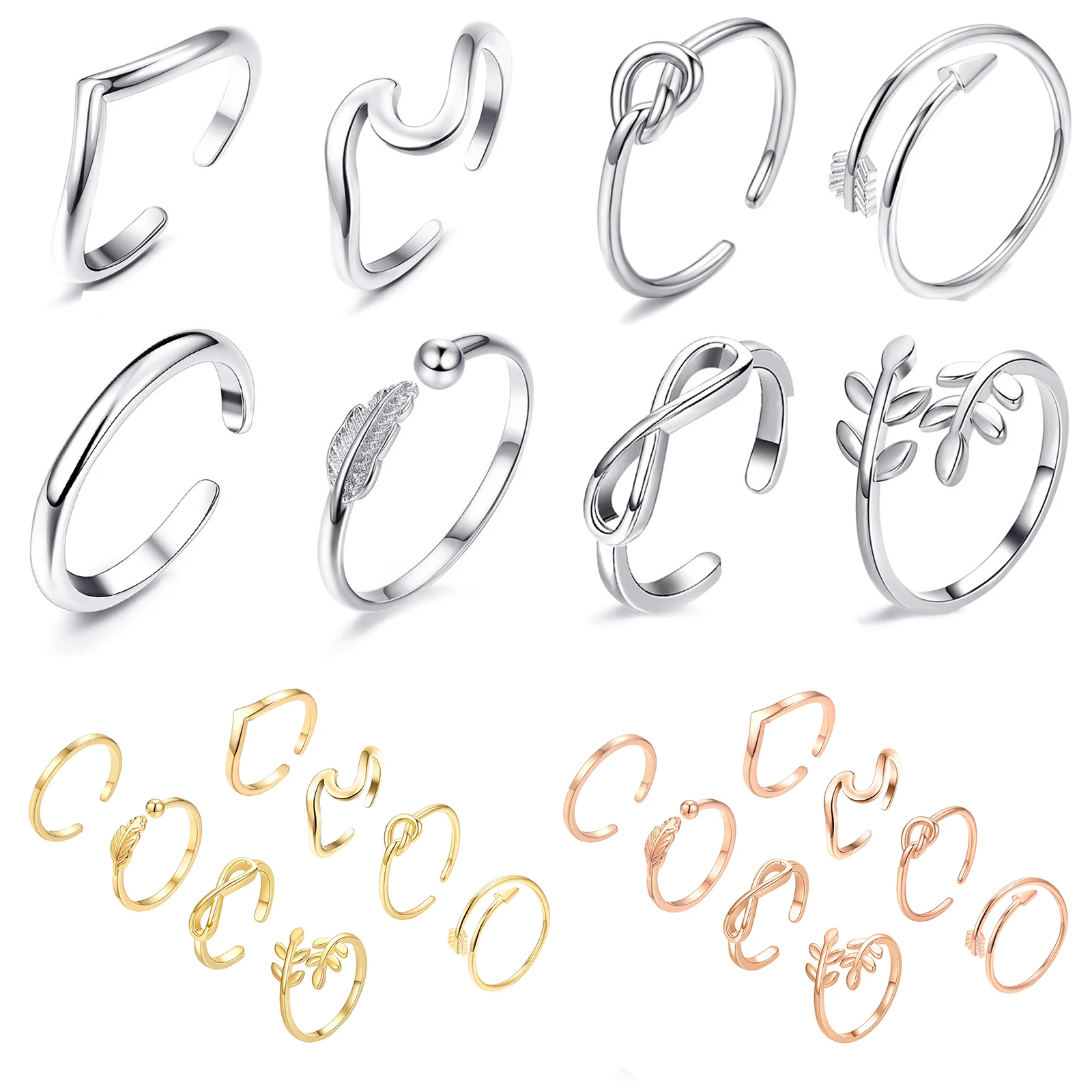 

8pcs/Set 925 Sterling Silver Toe Rings Summer Beach Vacation Knuckle Foot Ring Open for Women Girls Finger Adjustable Jewellery