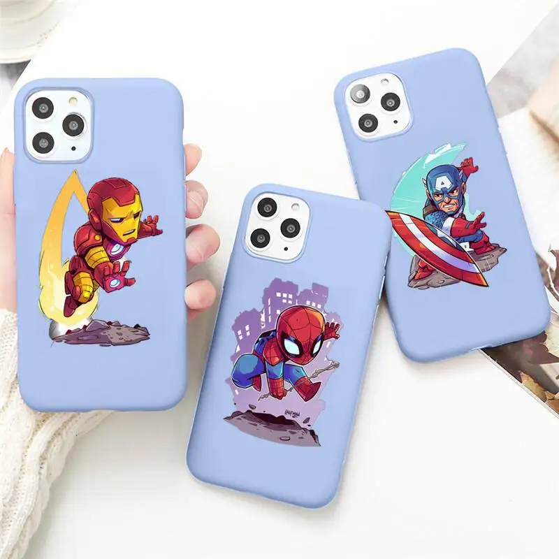 

Cartoon Marvel Spiderman Iron Man Phone Case for iPhone 13 12 mini 11 Pro Max X XR XS 8 7 6s Plus Candy purple Silicone cover