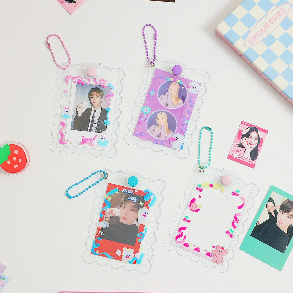 

Kawaii 3 Inch Card Holder Kpop PVC Postcards Sleeves Girls Idol Photo Protective Case with Keychain Bus Bank Card Set Stationery
