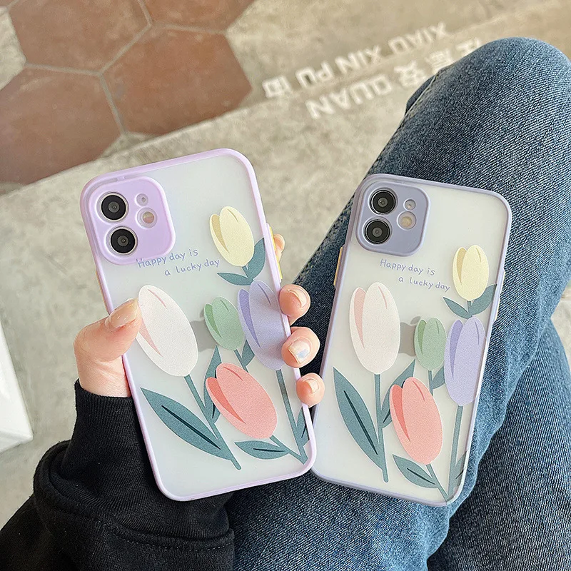 

Purple Gray Beautiful Art Flower Lens Protection Scrub phone case for iPhone 11 12 13 mini pro XS MAX 8 7 6 6S Plus X XR
