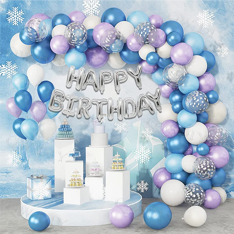 

126pcs Confetti Pearlescent Blue Purple Latex Baby Shower Balloon Garland Elsa Frozen Happy Birthday Snow Queen Decoration Kit