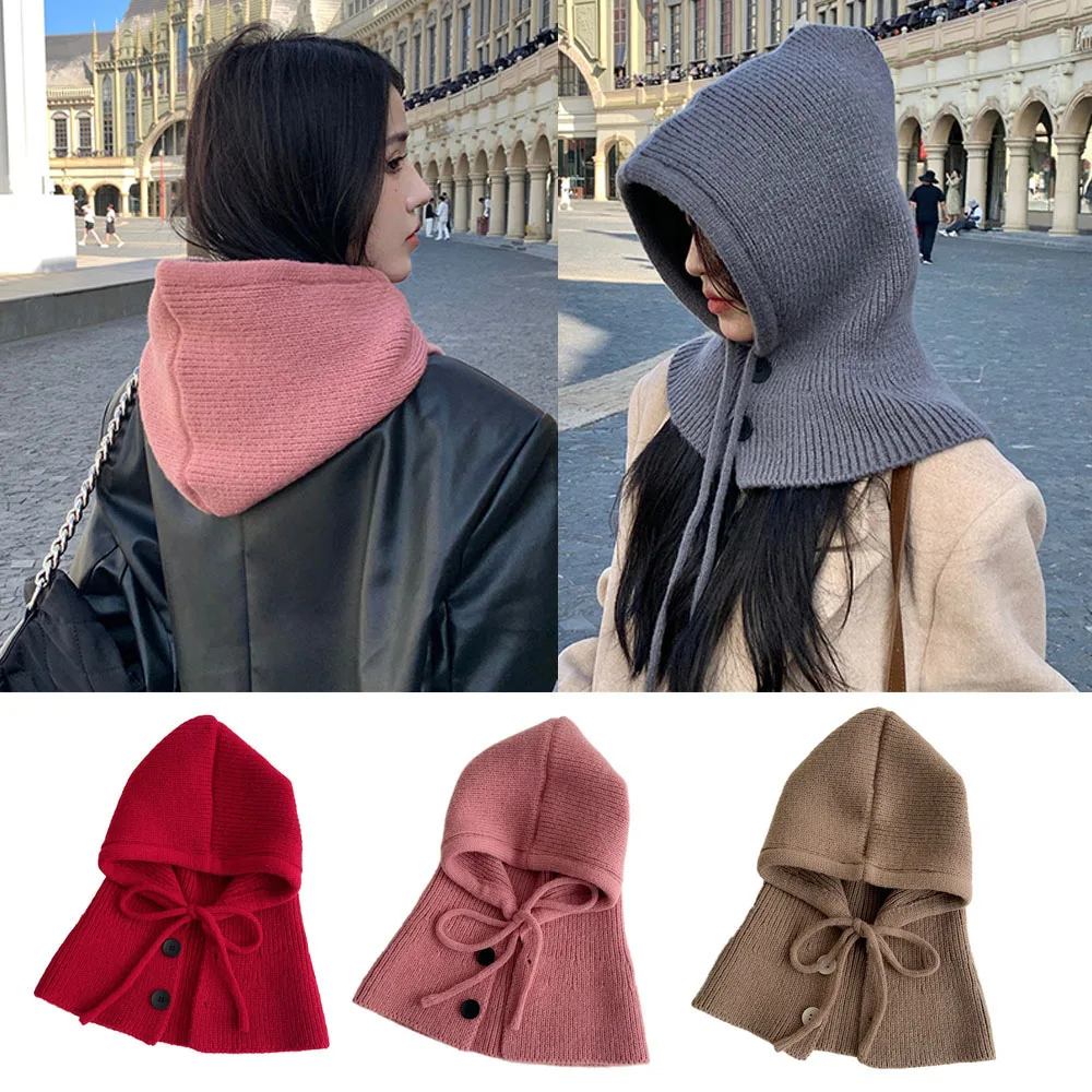 

Knitted Hooded Scarf Women Winter Warm Ring Scarf Beanie Hat Adjustable Drawstring Elastic Balaclava Cap Neck Collar Scarves