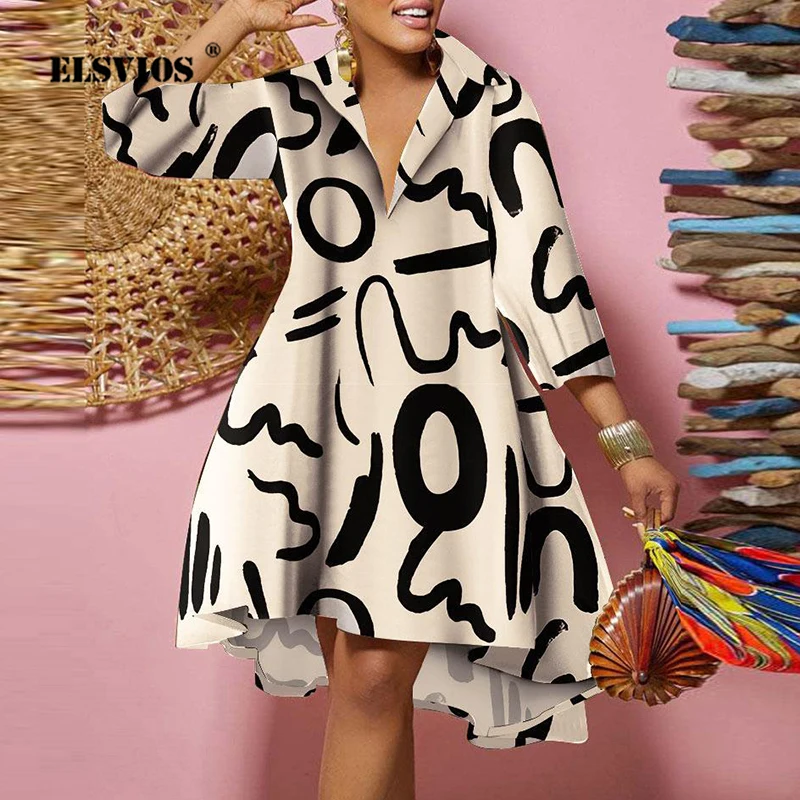 

Autumn Winter Women Casual Prrinted Irregular Dress Fashion V Neck Long Sleeves Mid Waist Dresses Elegant Commute Party Vestidos