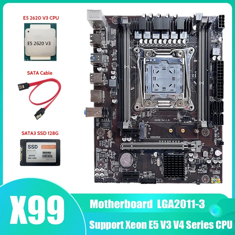 X99 Motherboard LGA2011-3 Computer Motherboard Support DDR4 ECC RAM With E5 2620 V3 CPU+SATA3 SSD 128G+SATA Cable