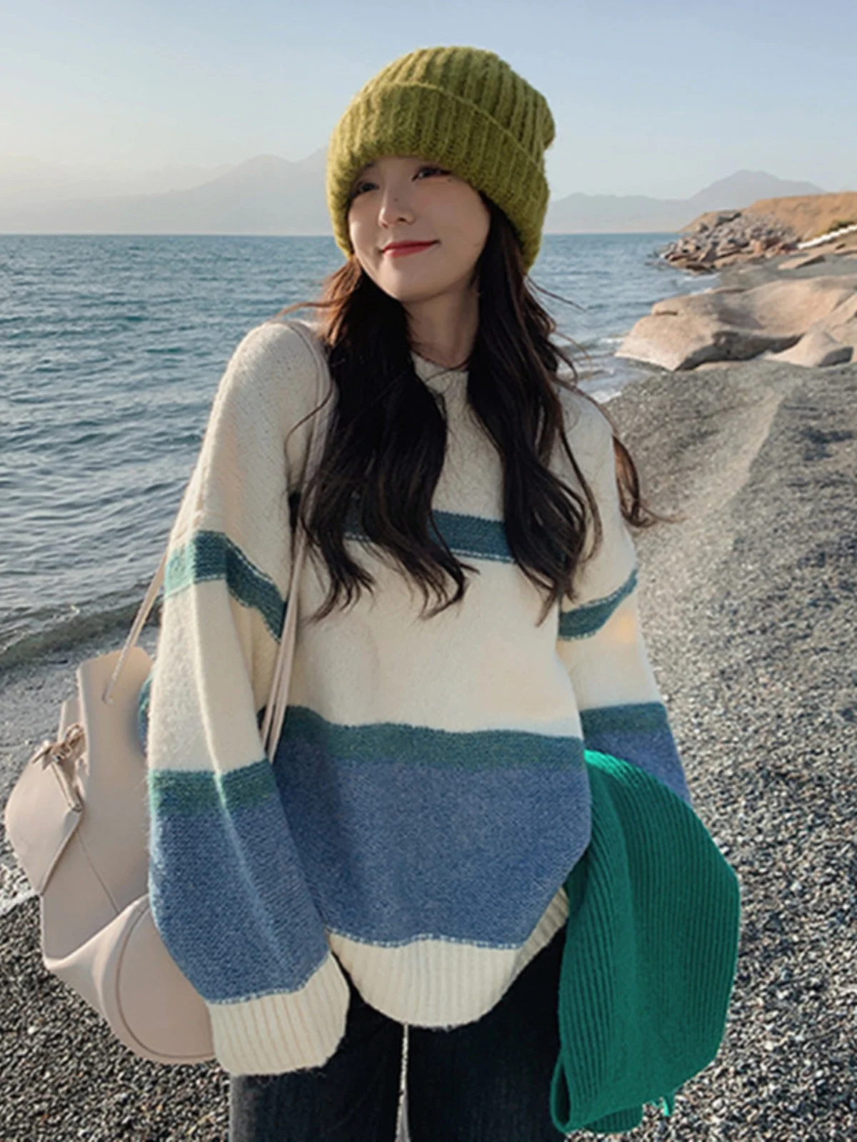 Полосатый свитер контрастного цвета женский осенне-зимний новый корейский в