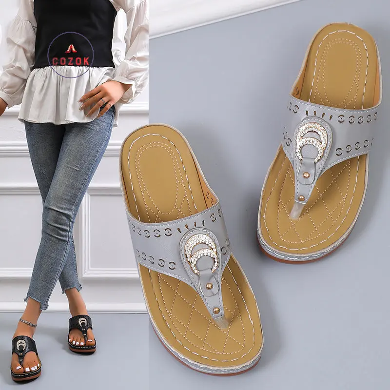 

2022 New Summer Wedge Sandals, Rhinestone Metal Buckle Platform Slippers Ladies Sandals, Casual Shoes Ladies Beach Flip-flops
