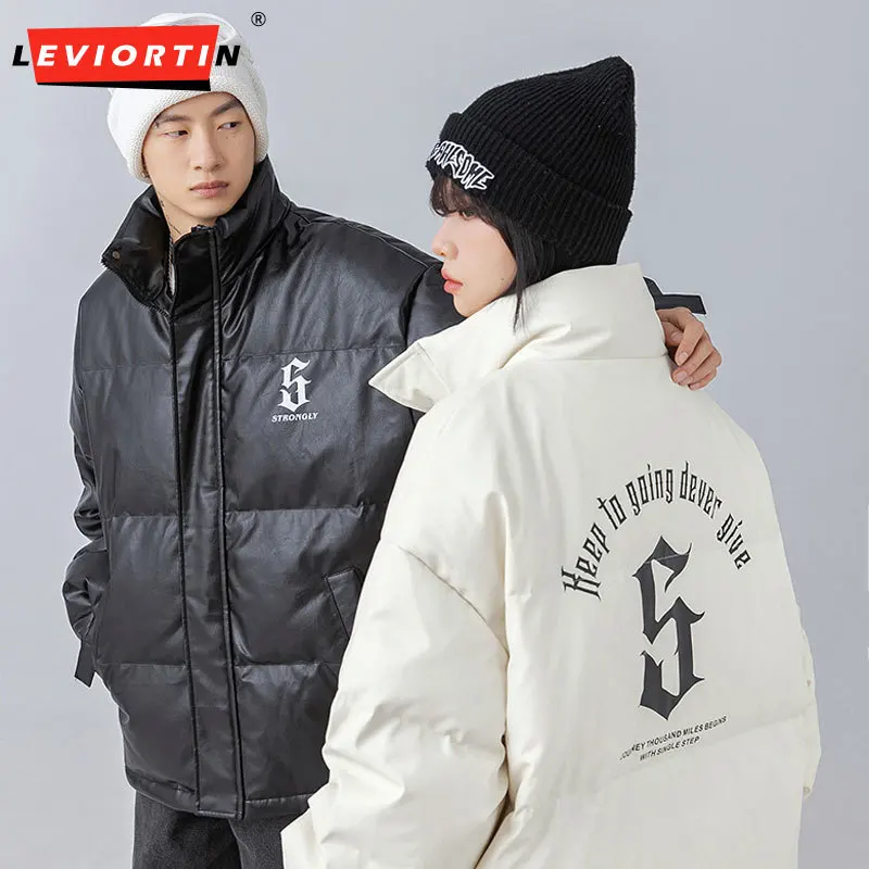 

Winter Men Bread Jacket Parka PU Leather Letter Print Thicken Warm Padded Coat Streetwear Hip Hop Harajuku Bubble Jacket Unisex