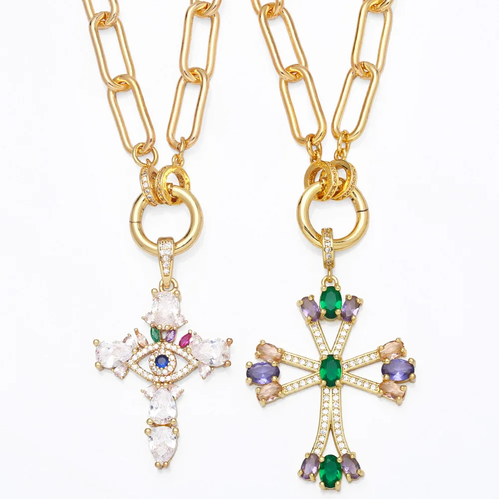 

Big Blue Eye Cross Necklace for Women Copper CZ Crystal Gold Plated Paperclip Chain Necklace Fashion Christian Jewelry nkeb092