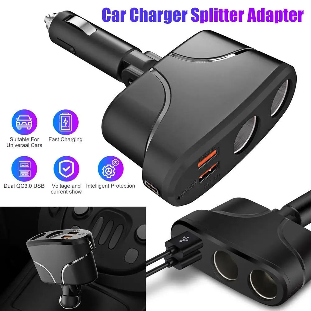 

100w High Power Car Cigarette Lighter Socket 1 To 2 QC3.0 Dual Usb + Pd Chargers Splitter Power Adapter