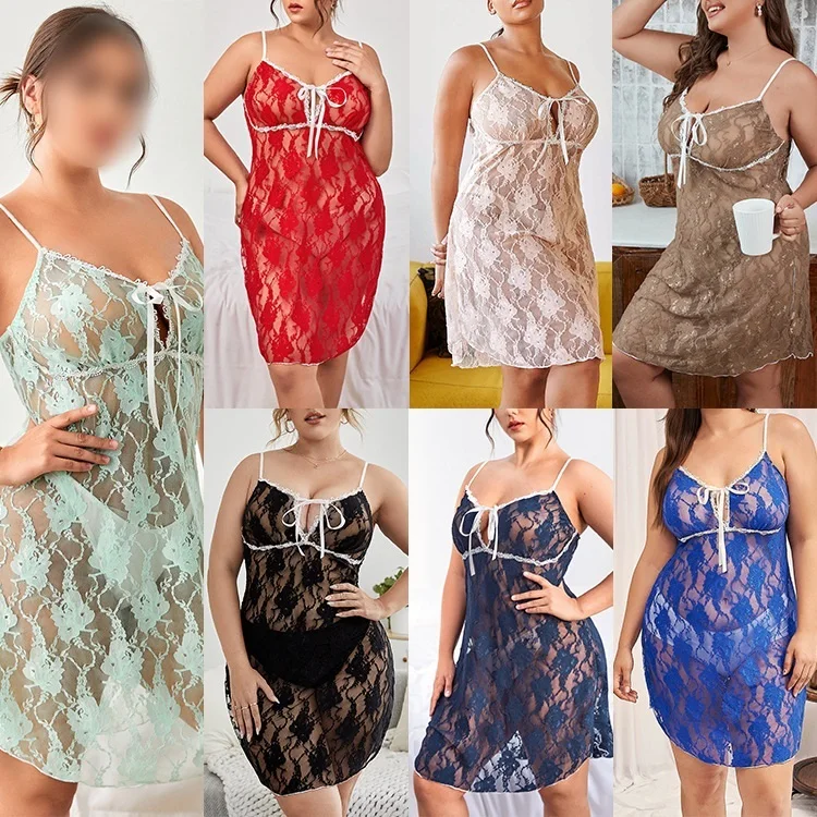 

New 2022 High Quality Erotic Lingerie Halter Plus Size Lingerie Chiffon Lace Sexy Nightdress Perspective Lingerie