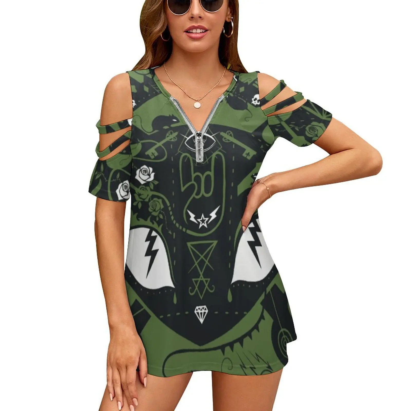 

Женская рубашка с коротким рукавом, открытыми плечами и молнией