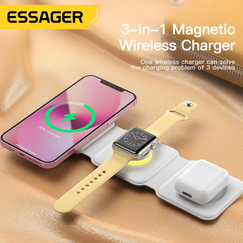Essager 3 in 1 Magnetic Wireless Charger Pad Stand for iPhone 14 13 12 Pro Max Qi Fast Charging Dock Station for Apple Watch