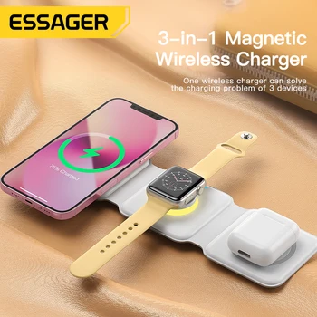 Essager 3 in 1 Magnetic Wireless Charger Pad Stand for iPhone 14 13 12 Pro Max Qi Fast Charging Dock Station for Apple Watch 1