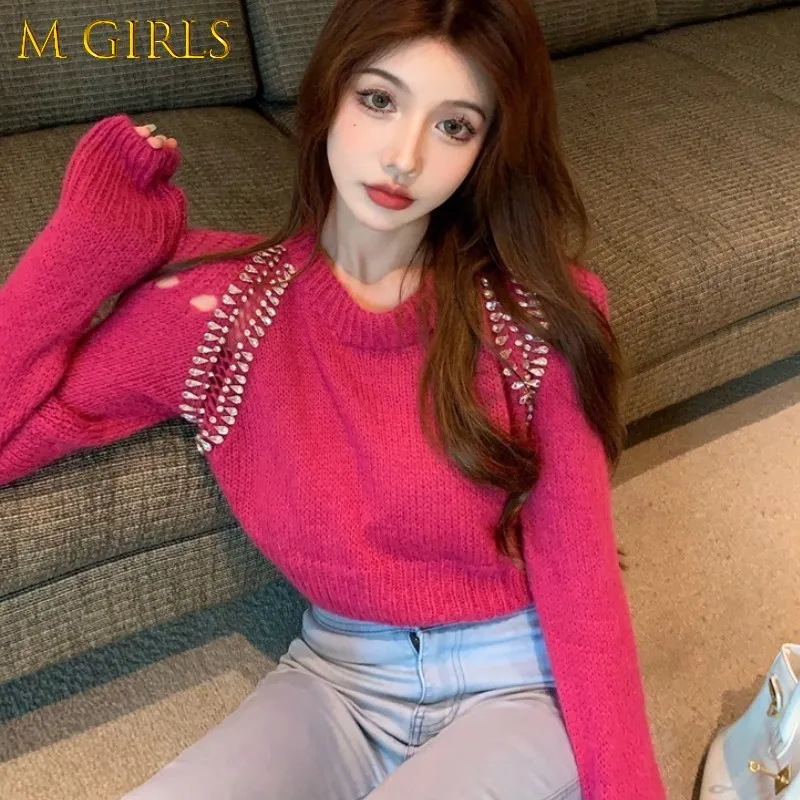 

M GIRLS Autumn Diamonds Knitted Pullovers Women Casual Solid Color O-neck Long Sleeve Knit Sexy Chic Top Female Clothes