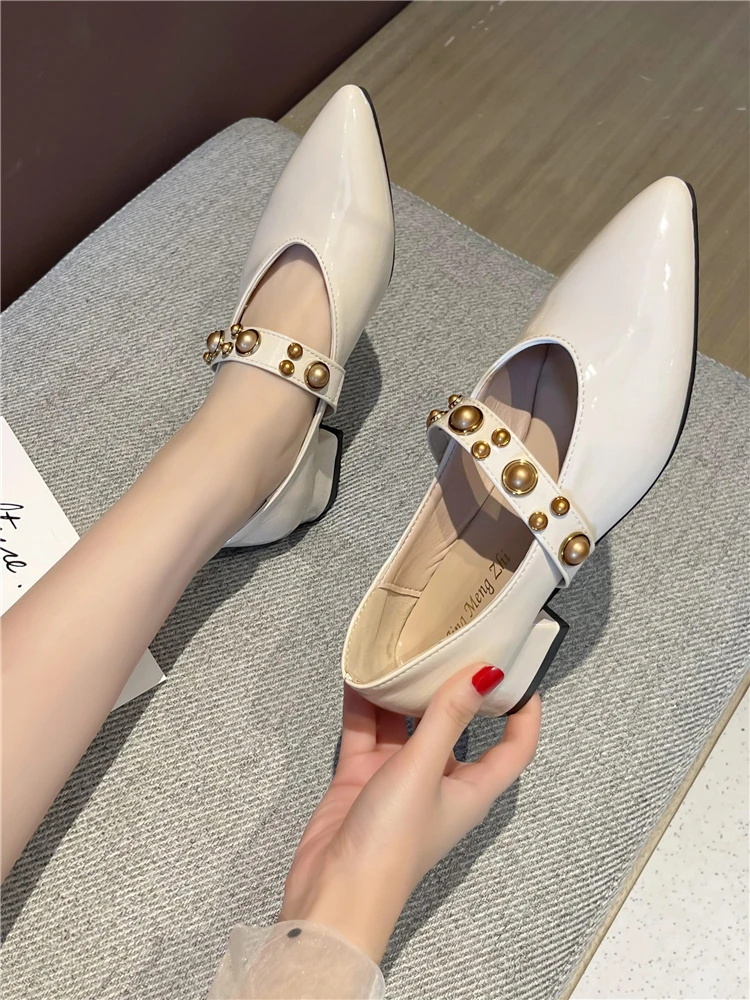 

Korean Shoes All-Match Women's Heels Casual Female Sneakers Pointed Toe Flats Shallow Mouth Rivets Studs 2022 Comfortable New On