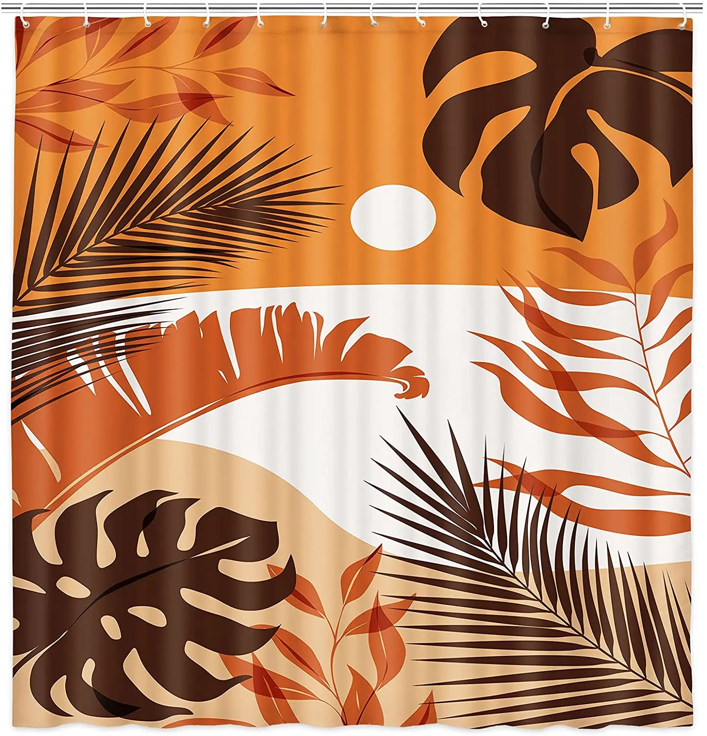 

Boho Brown Shower CurtainTropical Palm Tree with Sun and Mountain Fabric Bathroom Bath Curtains Set with Hooks Waterproof