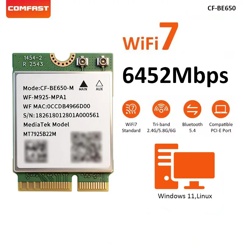 Фото Сетевая карта Comfast 6452 Мбит/с PCI-E WiFi 7, адаптер Intel AMD Wi-Fi, трехдиапазонный 2.4G/5G/6GHz, BT5.4, для Win11, Linux №1