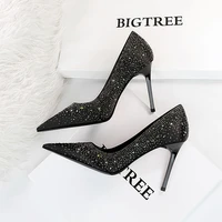 bigtree shoes 2022 sparkle rhinestones women pumps luxury high heels satin women shoes fashion wedding shoes metal heel stiletto