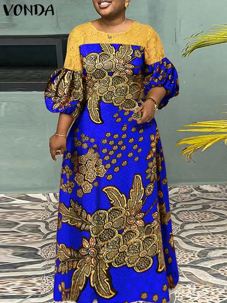 

Patchwork Printed Dress 2022 VONDA Fashion Women Maxi Robe Femme Vintage Lantern Sleeve Hollow Out Party Dresses Beach Vestidos