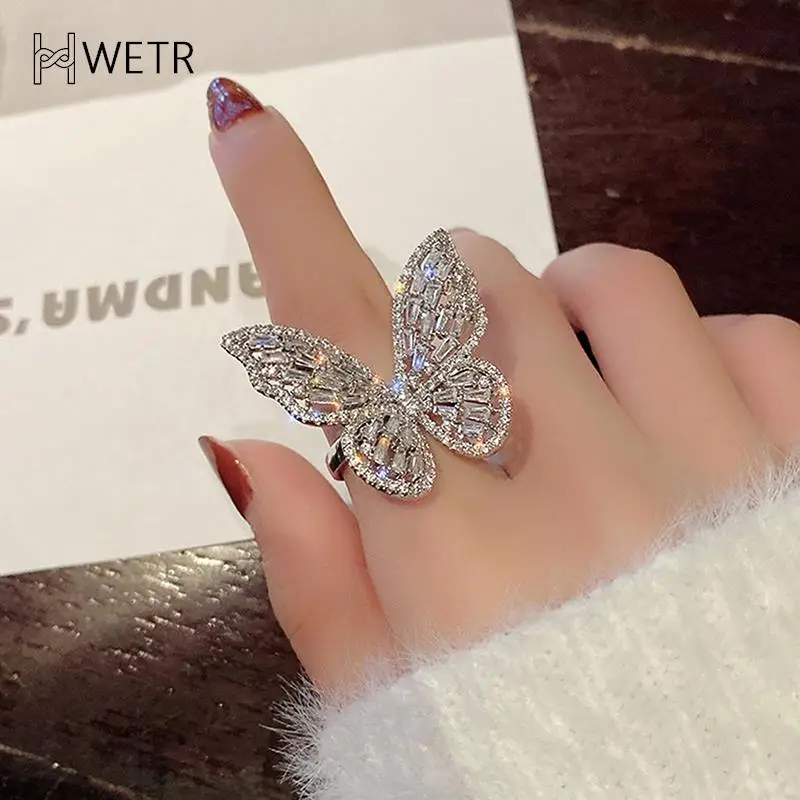 

Zircon Butterfly Ring Gem Stone Opening Exaggerated Big Knuckle Rings Glamorous Wedding Party Jewelry Gifts For Women