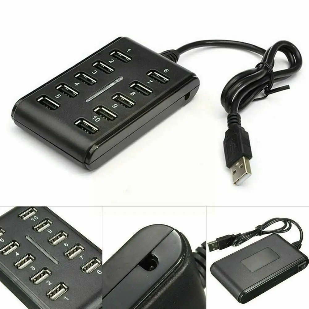 

10 Port Powered Usb Hub 2.0 High Speed Usb Splitter Extension For Pc Laptop Double Row Ten Port Usb2.0hub With Switch Q9h4
