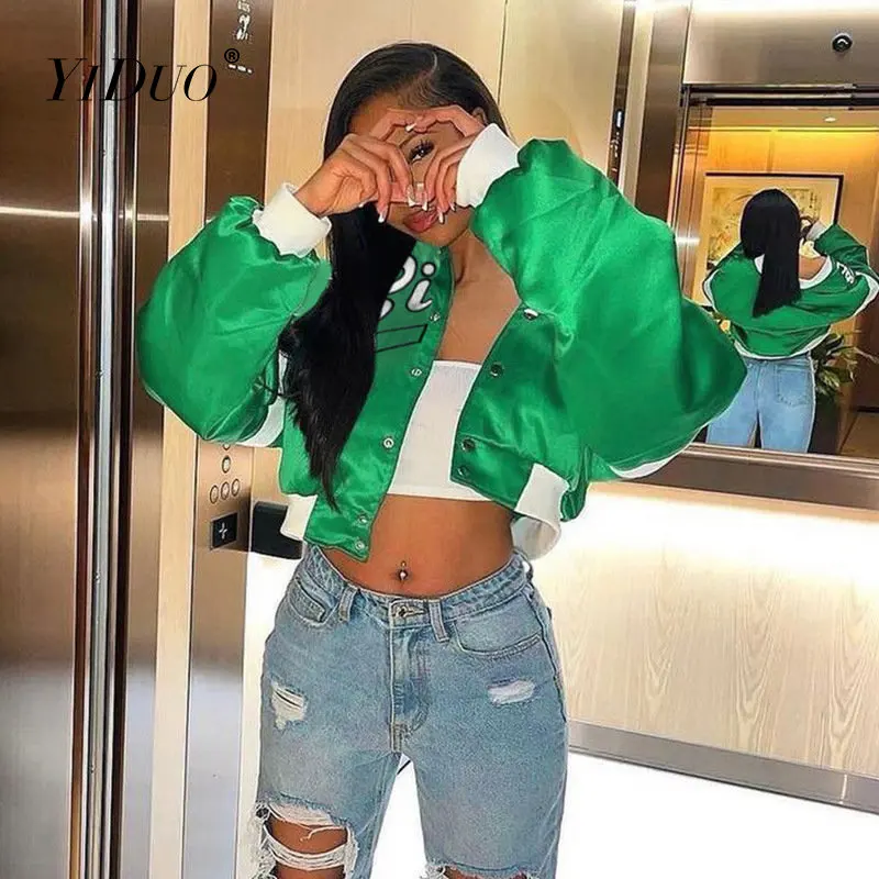 

2022 English alphabet embroidery contrast American baseball jacket women street trendy round neck long sleeve shirt YI DUO