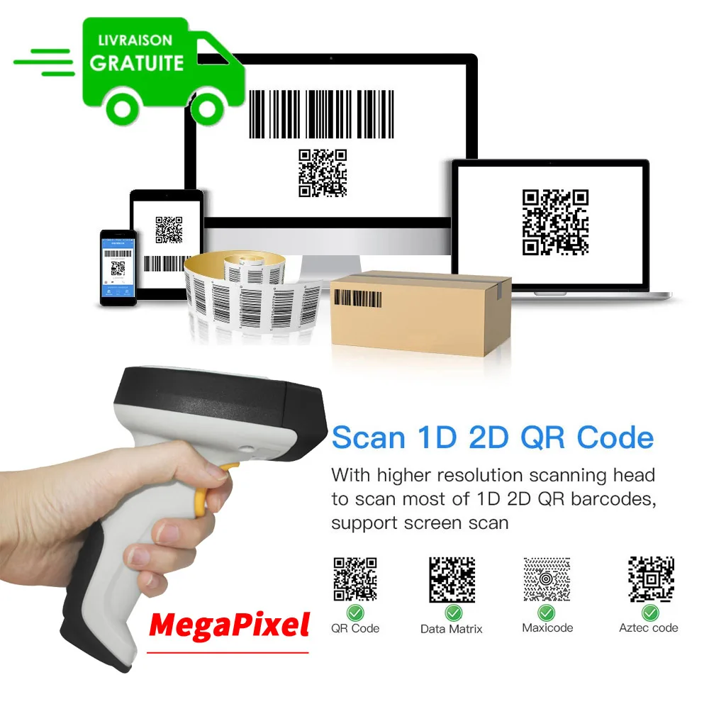 Livraison gratuite Wired megapixel 2D Barcode Scanner CMOS Handheld QR Code Scanner Handheld Keyboard Caps Lock Override