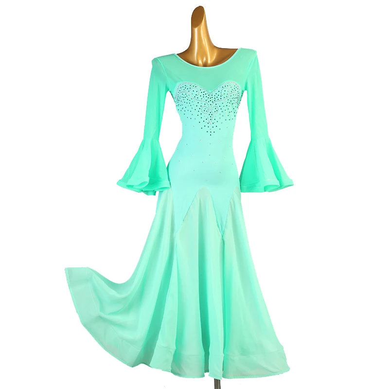 

Custom Color Size Green Bell-bottomed Sleeve Women Ballroom Standard Dance Dress Tango Vintage Waltz Dancing Ballroom Costumes