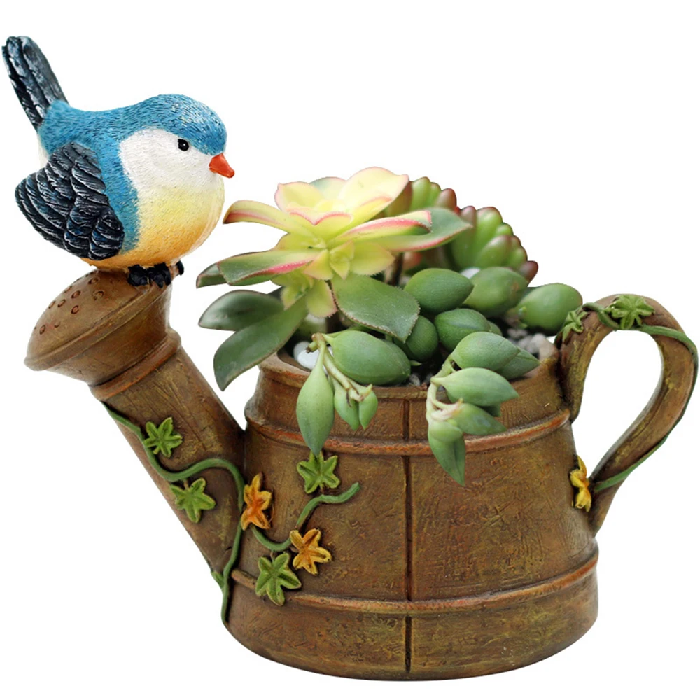 

Hot Sell Resin Bird Flower Pot Planter Holders Shower Kettle Shape Model Toy For Kids Pen Holder Fairy Garden Flowerpot Crafts
