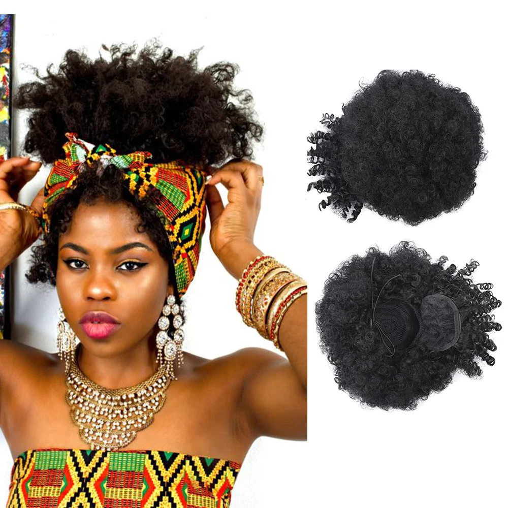 New Synthetic Afro Kinky Curly Hair Bangs Puff Hair Bun Drawstring Ponytails Clip On Hair Extension Updo Pineapple Fringe