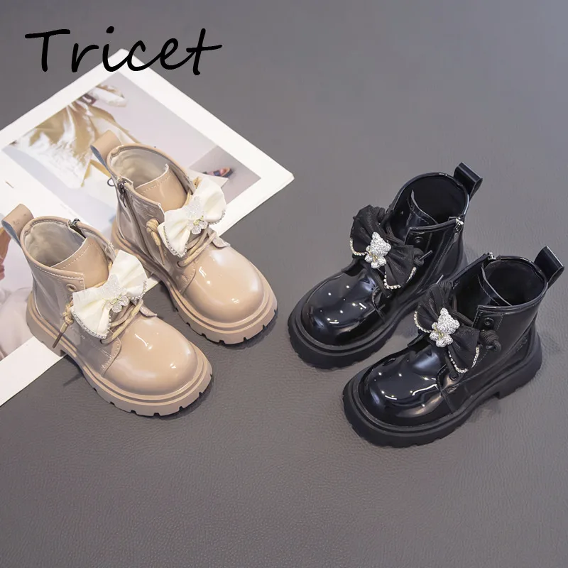 

Crystal Bear Bow Children Fashion Boots Spring Autumn Patent Leather Girls Princess Boots Zip Anti Slip Kids Ankle Shoes