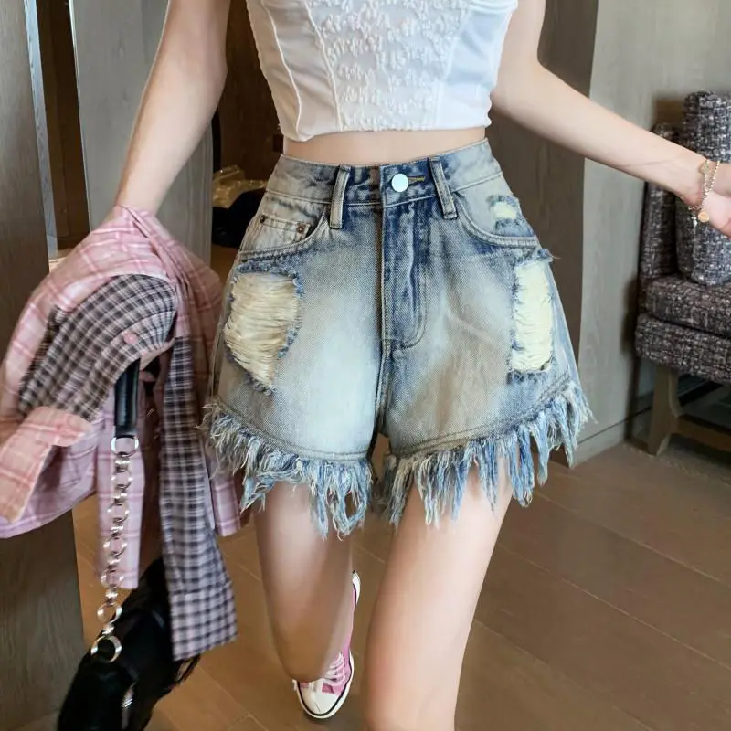 

Retro hot ripped jeans women summer ins new high waist design wide leg shorts pants ins tide
