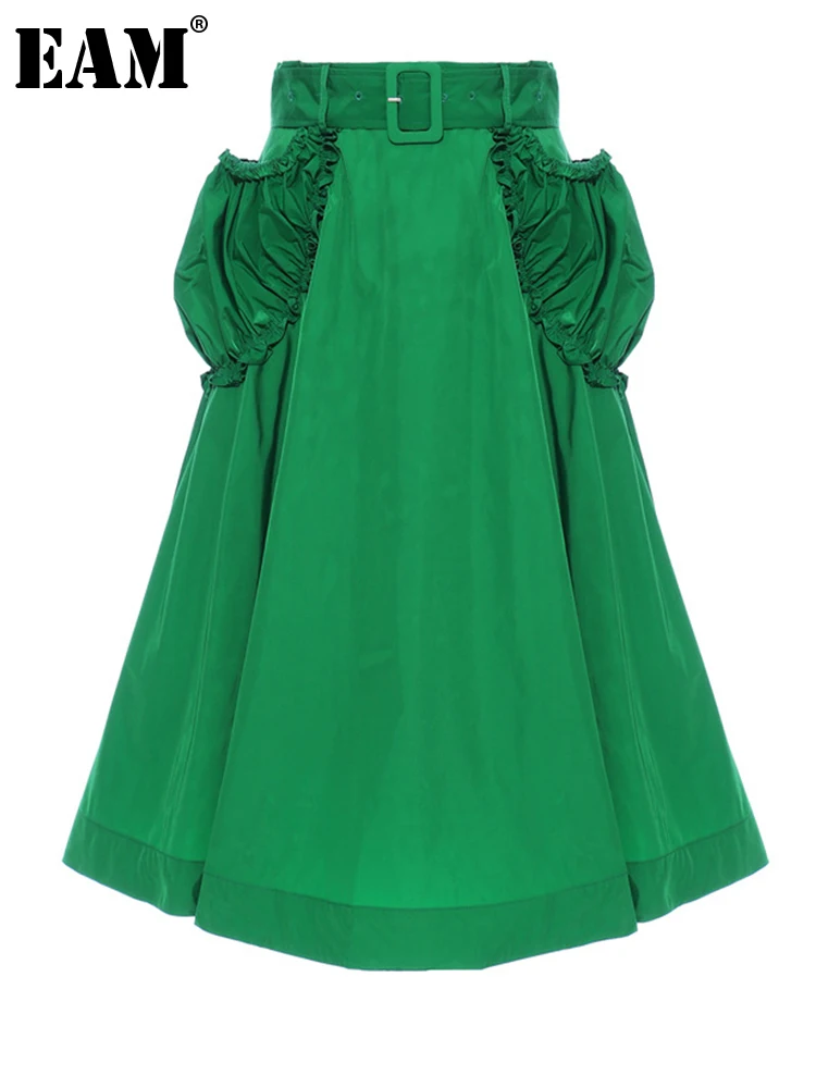 

[EAM] High Waist Green Pleated Pockets Belted Long Casual Half-body Skirt Women Fashion Tide New Spring Autumn 2023 1DF5232