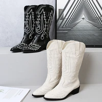 women mid calf western boots cowboy pointed toe knee high pull on boots ladies 2022 fashion leather embroidery knight boots