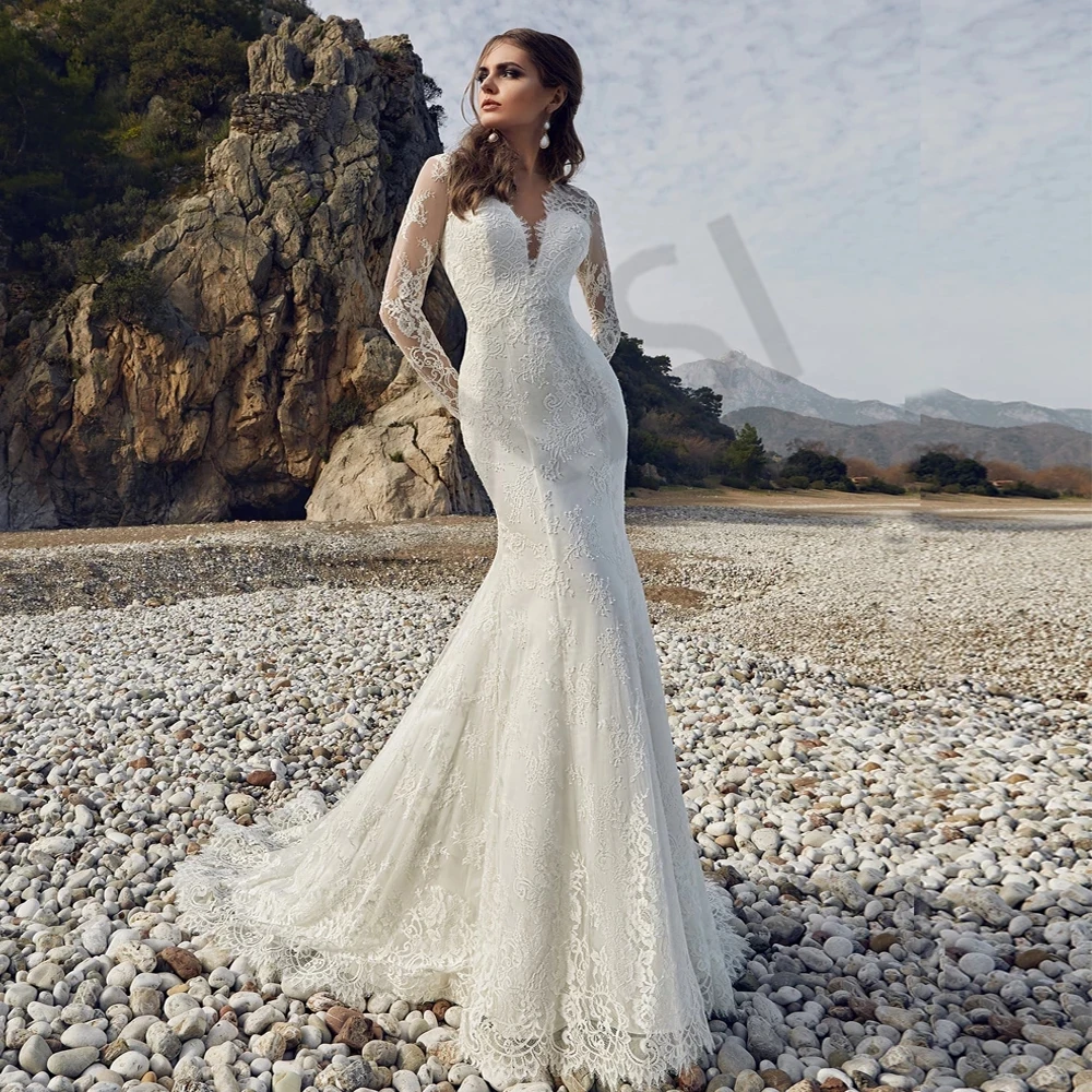 Простое кружевное свадебное платье классическое невесты с вырезом V-образным и