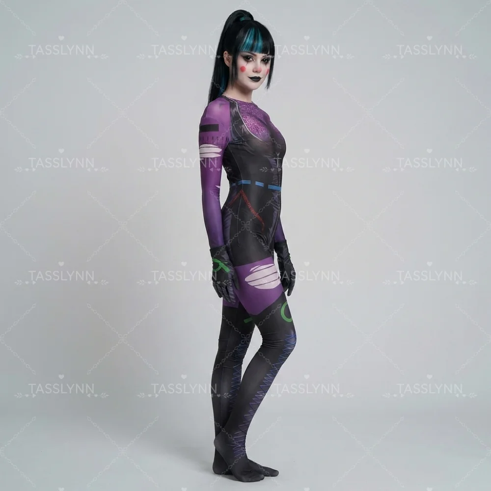 Костюм для косплея Cyber Punk Clown Girl Punchline: Фиолетово-черный комбинезон-зентай с принтом, на все тело, для Хэллоуина (art.: 3920dcb9ddffc) - 3920dcb9ddffc