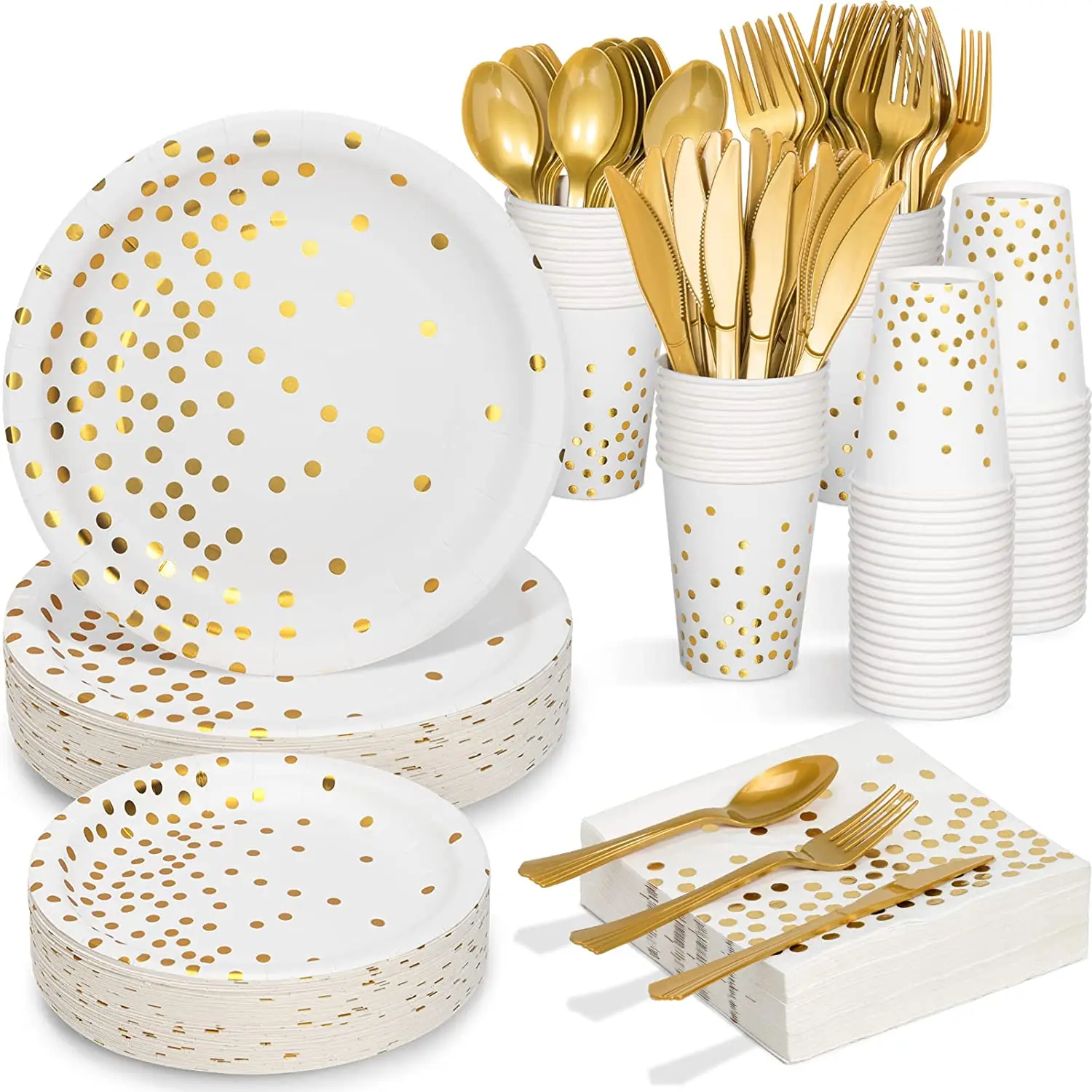 

Gold Dot Disposable Tableware Paper Napkin Cups Knifes Forks Spoons Tablecloth Plates Straws for Wedding Birthday Party Decora