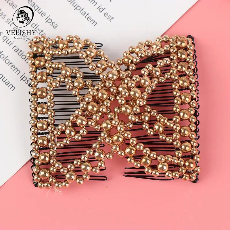 

Women DIY Hair Accessories Pearl Beaded Elastic Hair Claw Hairpin Magic Comb Up-Do Hairstyle Bun Maker Tool Ponytail Hairdo Wolf