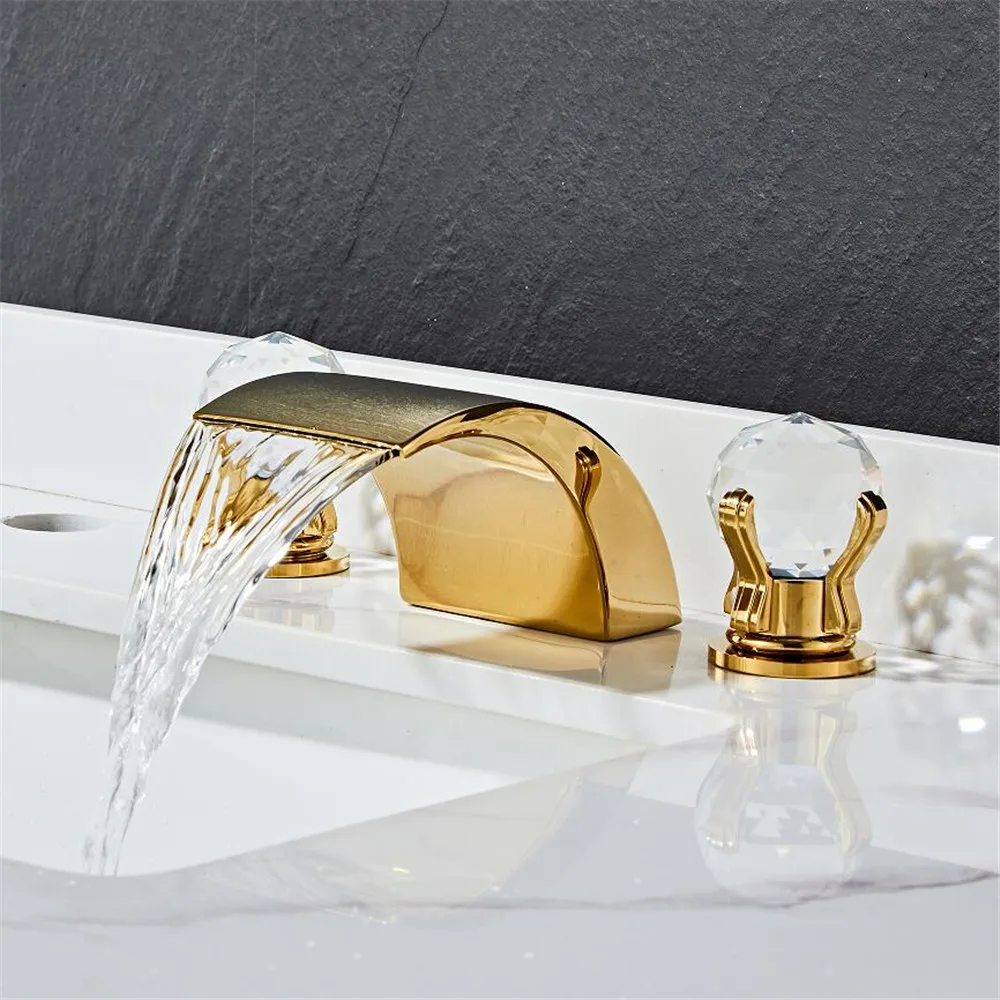 

Tuqiu Black Basin Faucet Brass Gold Widespread Bathroom Faucet Crystal Sink Faucets 3 Hole Hot And Cold Waterfall Faucet Tap