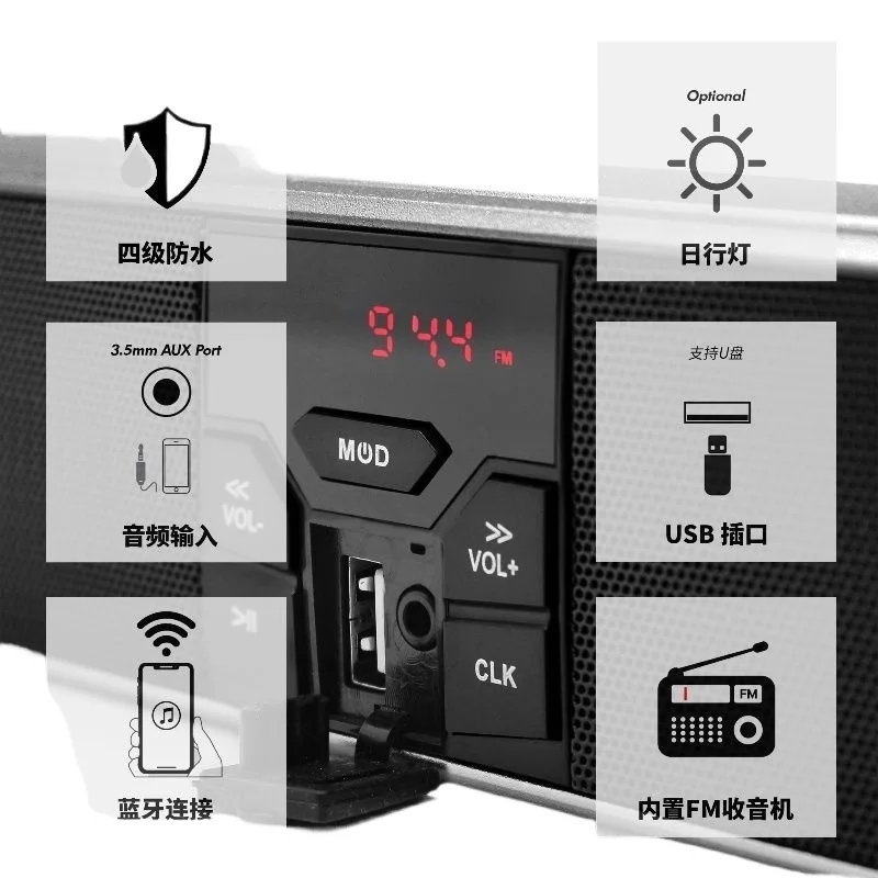 Водонепроницаемая Bluetooth-колонка для мотоцикла с басами, DRL, USB, AUX, FM-радио, креплением на руль, аудиомодуль для электровелосипеда (art.: 3920dc0ad97dc) - 3920dc0ad97dc