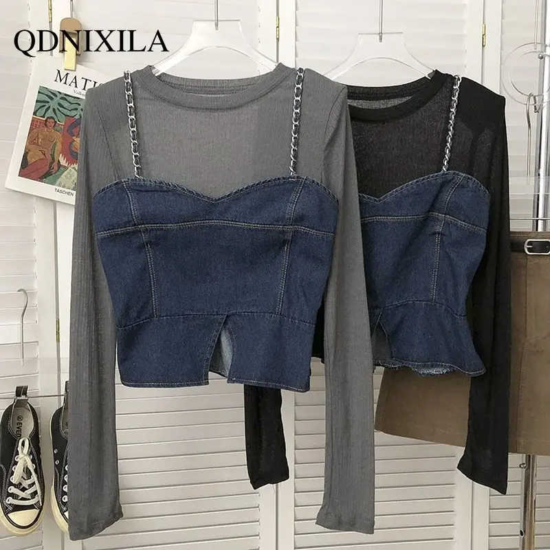 

Autumn Fashion Two Piece Women's New Blouse Korean Vintage Versatile Split Denim Sling with Long Sleeve T-shirt Women Clothing